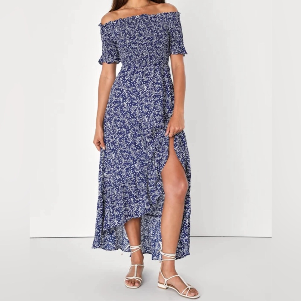 Lulus Navy Blue Floral Print Off-the-Shoulder Dress - XL